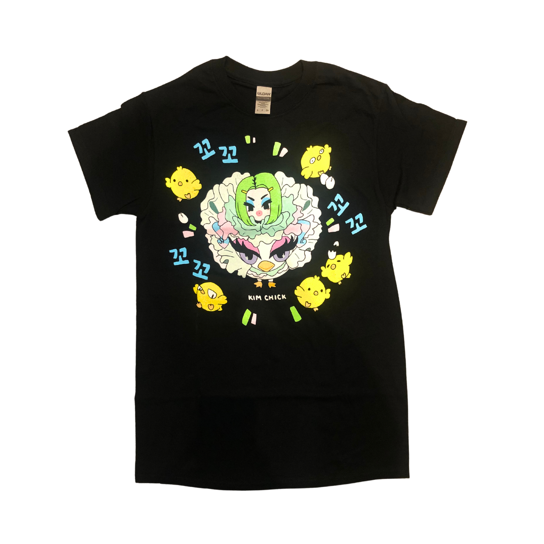 Kim Chi Kim Chick Tee: black tee with chick and flower illustration