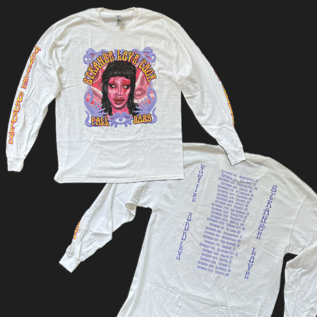 Yvie Oddly Fall 2023 tour long-sleeve tee in white, front and back with tour dates
