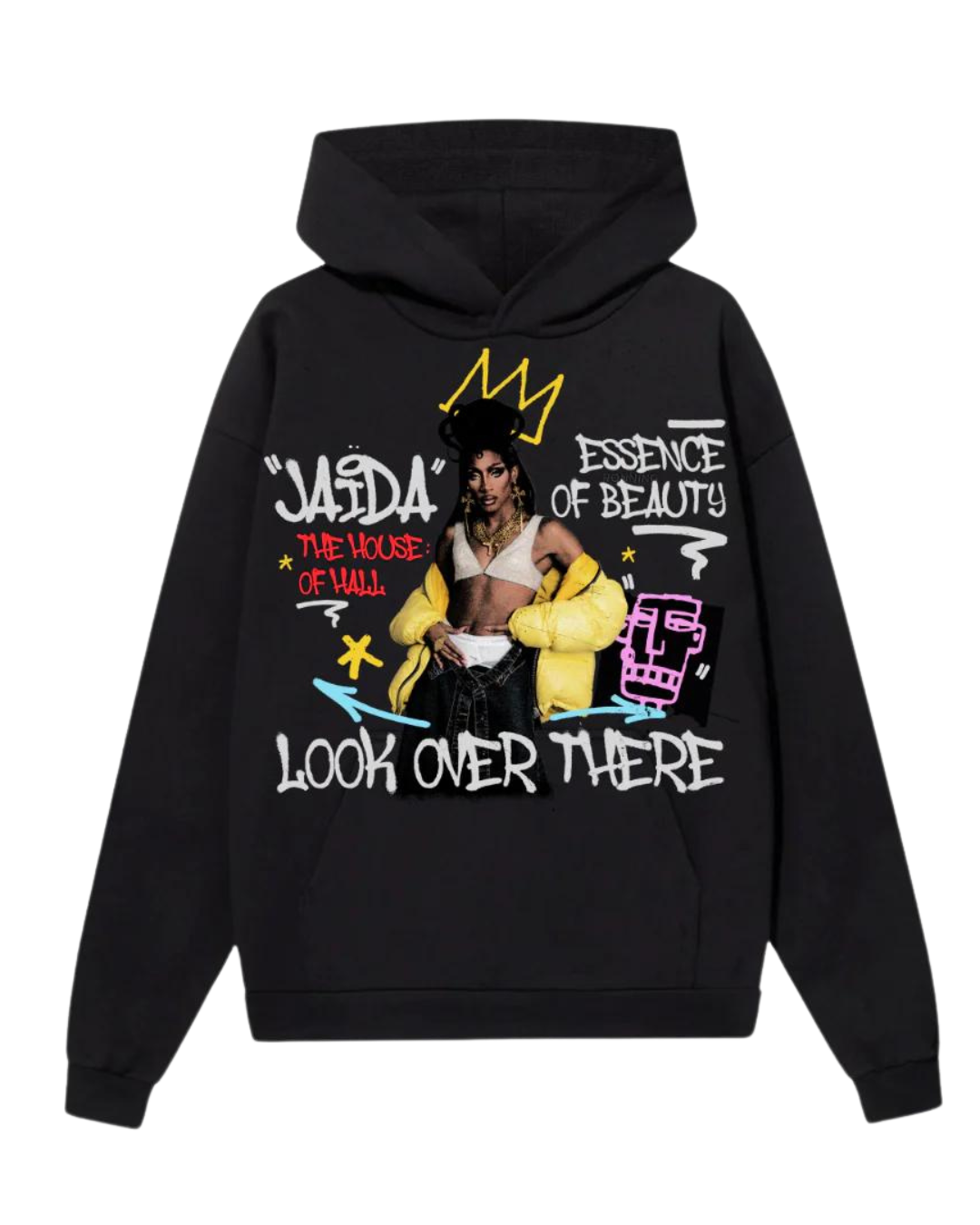 Jaida Essence Hall black graffiti hoodie with "Look Over There" print