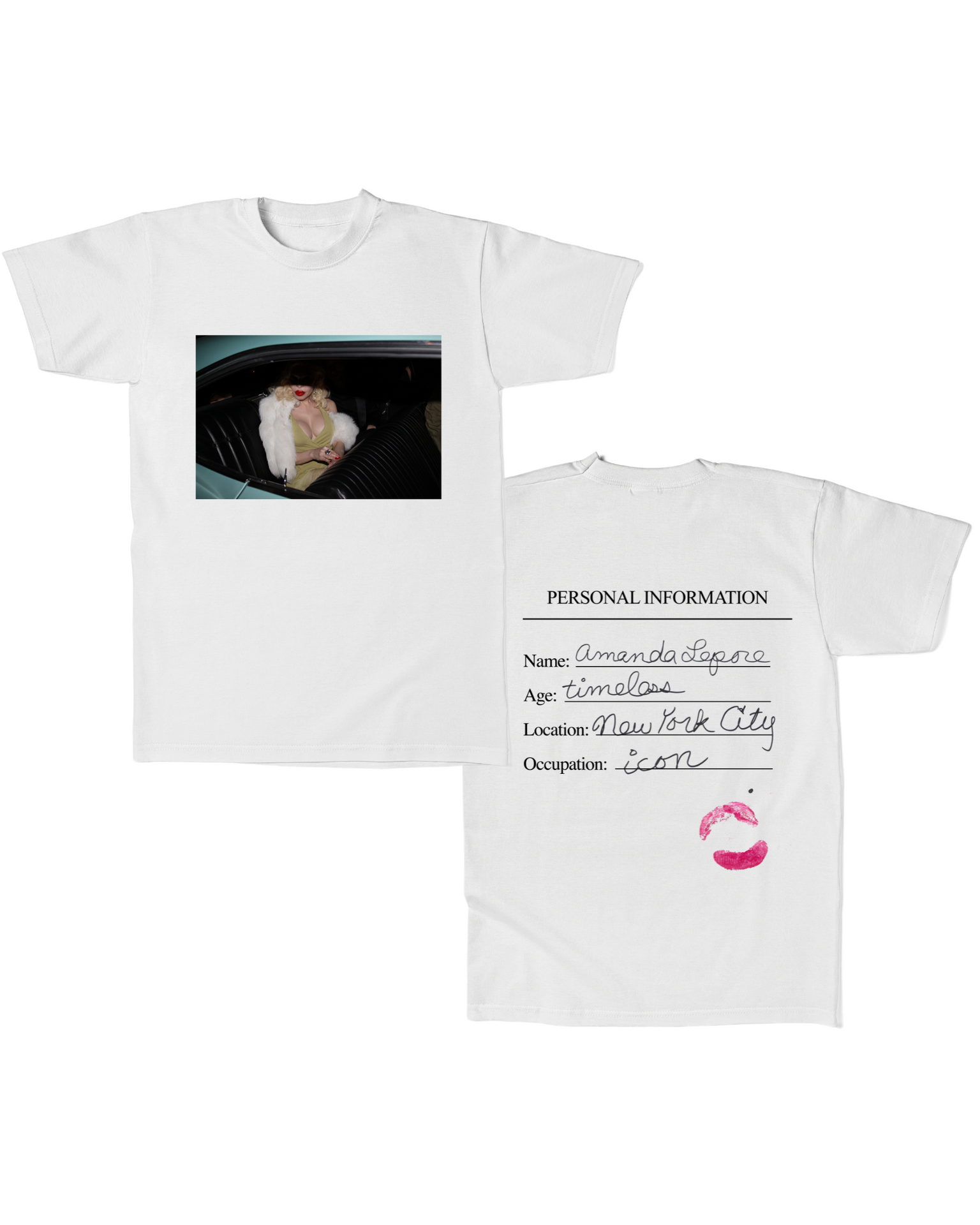A white t-shirt with a photograph and handwritten text on the front, and additional printed content on the back.